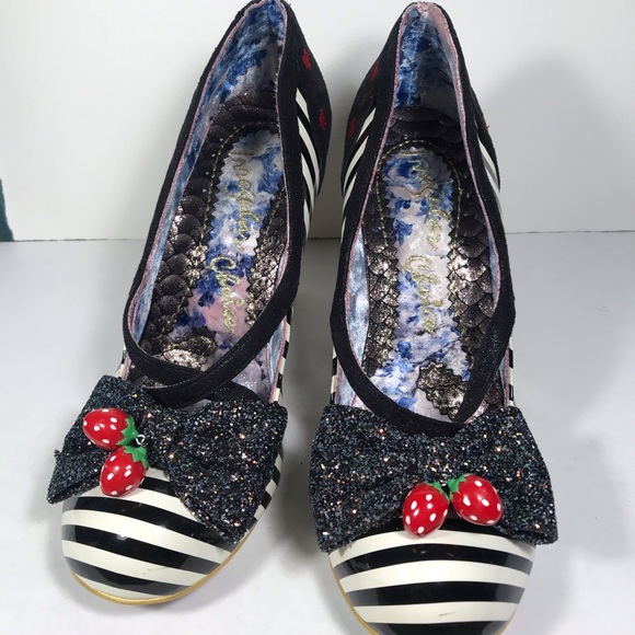 Irregular Choice Black and White Striped Heels with Red Heart Strawberry Accent - Picture 2 of 7